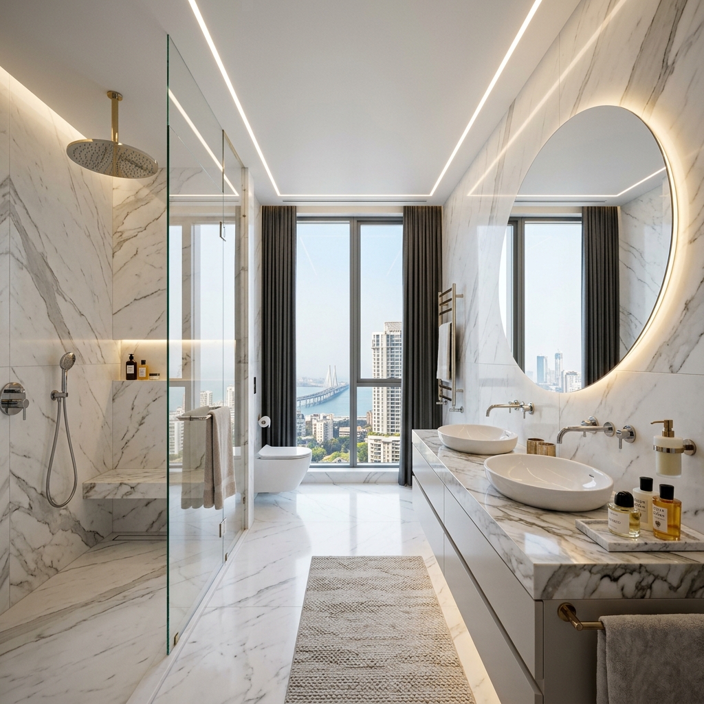 High-end bathroom interior with premium marble wall tiles and luxury sanitaryware at Abhinav Grani Ceramics